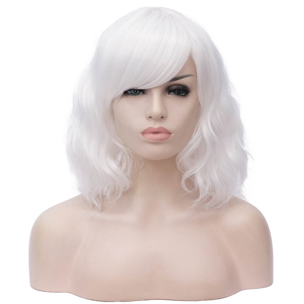 New BUFASHION 14" Women Short Wavy Curly Wig - White Bob Wig with Side Bangs